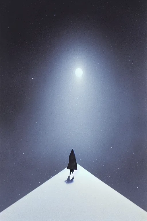 Image similar to emissary snowy space by arthur haas and bruce pennington and john schoenherr, cinematic matte painting, zaha hadid building, photo realism, dark monochrome color palate, small woman silhouette