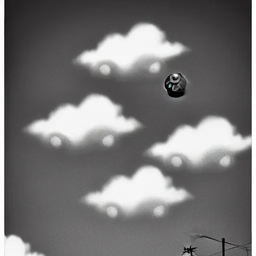 Image similar to a print of three realistic eyes floating in the sky over a city, high contrast, low key, black and white, vintage poster, film grain