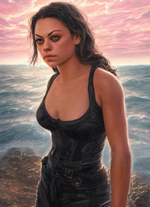 Image similar to Mila Kunis wearing black choker, epic portrait of a very strong muscled Amazon heroine, sun beams across sky, pink golden hour, stormy coast, intricate, elegance, highly detailed, shallow depth of field, epic vista, concept art, art by Artgerm and Donato Giancola, Joseph Christian Leyendecker