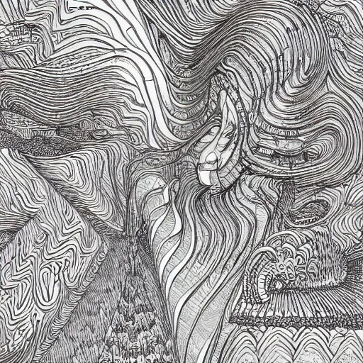 Prompt: Geometrically surreal valley, extremely high detail, photorealistic, intricate line drawings, dotart, album art in the style of James Jean