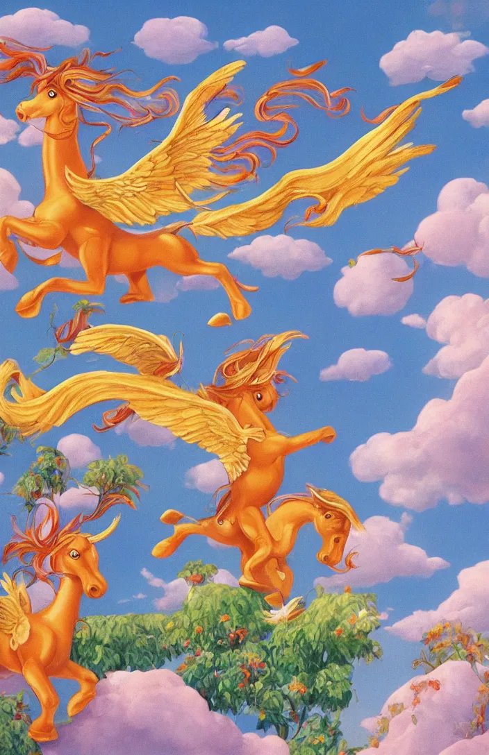 Prompt: a playful pegasus singing in the clouds, detailed, childrens book illustration, colorful, by sven nordqvist