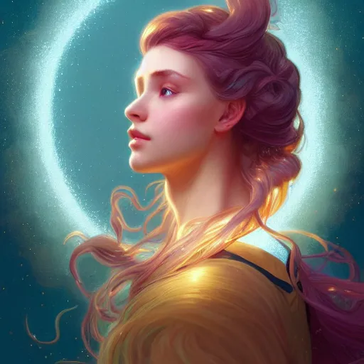 Image similar to aurora, girl with super long hair, hair becoming bright stars, intricate, highly detailed, digital painting, artstation, concept art, smooth, sharp focus, illustration, unreal engine 5, 8 k, art by artgerm and greg rutkowski and alphonse mucha