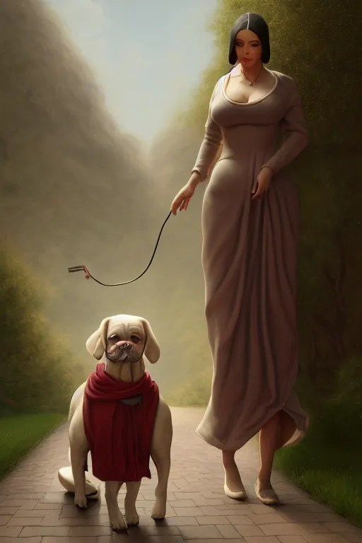 Prompt: Pete Davidson As A Midget Dog Being Walked By Kim Kardashian As An Old Lady illustration, soft lighting, soft details, painting oil on canvas by Edmund Blair Leighton and Charlie Bowater octane render, HDR, trending on artstation, 4k, 8k, HD