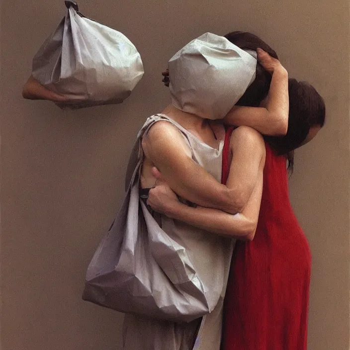 Image similar to two women hugging with a paper bag over the head dressed in plastic bags, highly detailed, artstation, art by, , edward hopper, Zdzislaw Beksinski, highly detailed