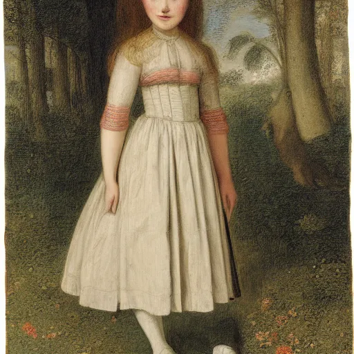 Image similar to Computer art. A young girl stands in the center of the frame, looking off to the side. She wears a school uniform with a short skirt and a striped shirt. The background is a vivid, with wavy lines running through it. soft shadow by Maria Sibylla Merian, by Henri Fantin-Latour washed-out