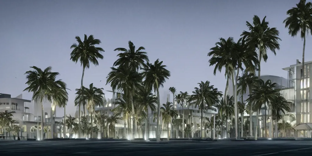 Prompt: a large building surrounded by palm trees at night, concept art by L. A. Ring, behance, modernism, playstation 5 screenshot, concept art, vray