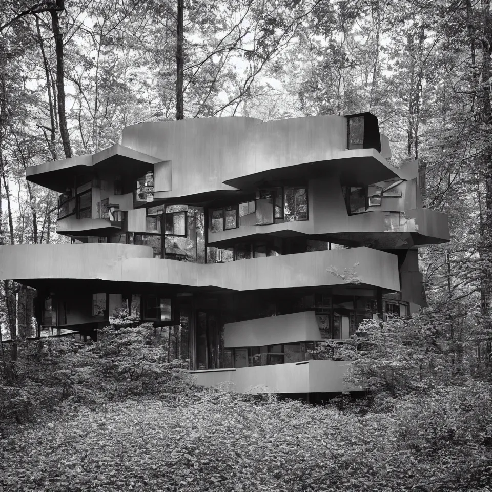 Image similar to architecture ad for a mid-century modern house in the middle of the forest, designed by Frank Gehry. Film grain, cinematic, grayscale, yellow hue