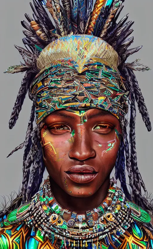 Prompt: upper half portrait of retro futuristic african tribal chief - embellished with vegetation and iridescent crystals, art by paschal blanche, highly detailed, digital painting, concept art, illustration, smooth sharp focus, intricate, symmetry, artstation, colourful,