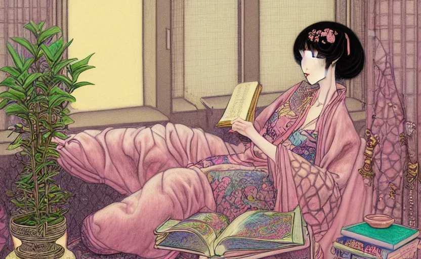 Prompt: a pastel drawing of a woman wizard, ornate clothing, lounging on a purpur pillow on the marbled checkered floor in her study room reading an ancient tome. to the side is a potted plant, moody candlelit raytracing. ancient scifi fantasy setting. detailed face, sharp focus. by chie yoshii and charles vess