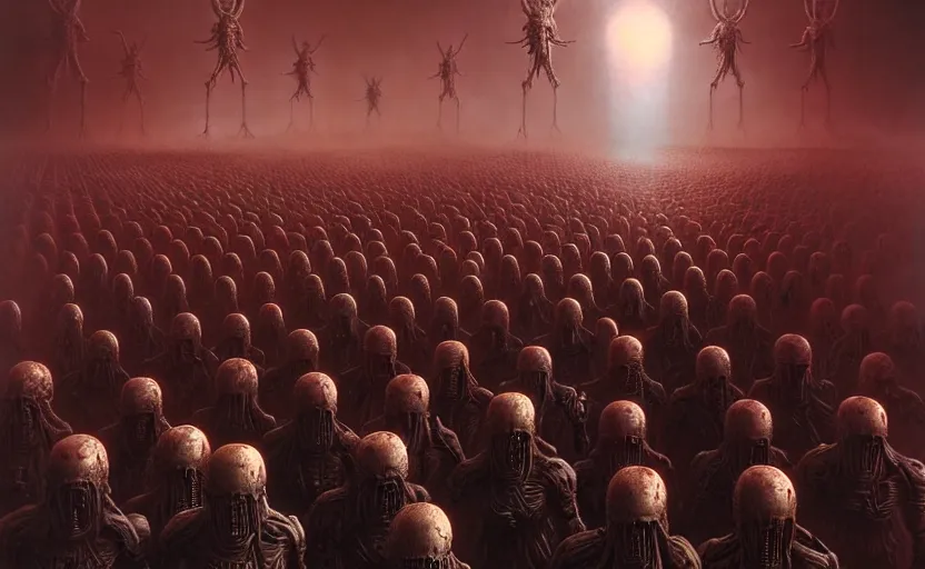 Image similar to cyborg army invading hell by hr giger and zdzisław beksinski, fine details, digital art, volumetric lighting, cinematic light, photorealistic