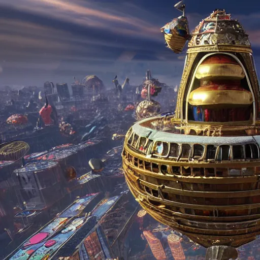 Image similar to enormous flying city in a faberge egg, sky, steampunk, fantasy art, masterpiece, unreal engine