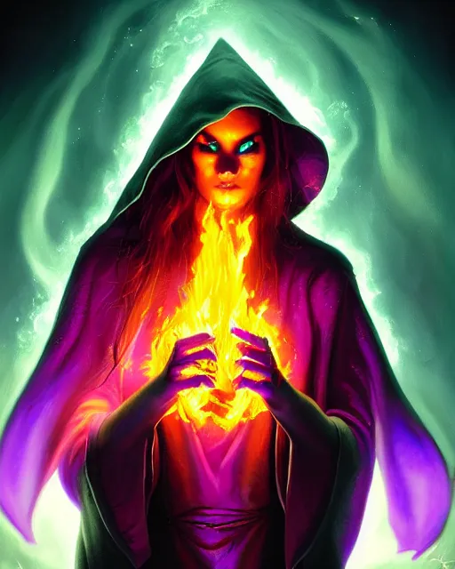 Image similar to pyromancer witch cover in purple flames, deep pyro colors, purple laser lighting, award winning photograph, radiant flares, realism, lens flare, intricate, various refining methods, micro macro autofocus, evil realm magic painting vibes, hyperrealistic painting by michael komarck - daniel dos santos