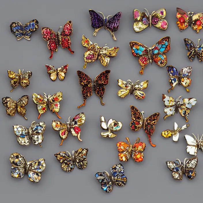 Prompt: a butterfly brooch collection,