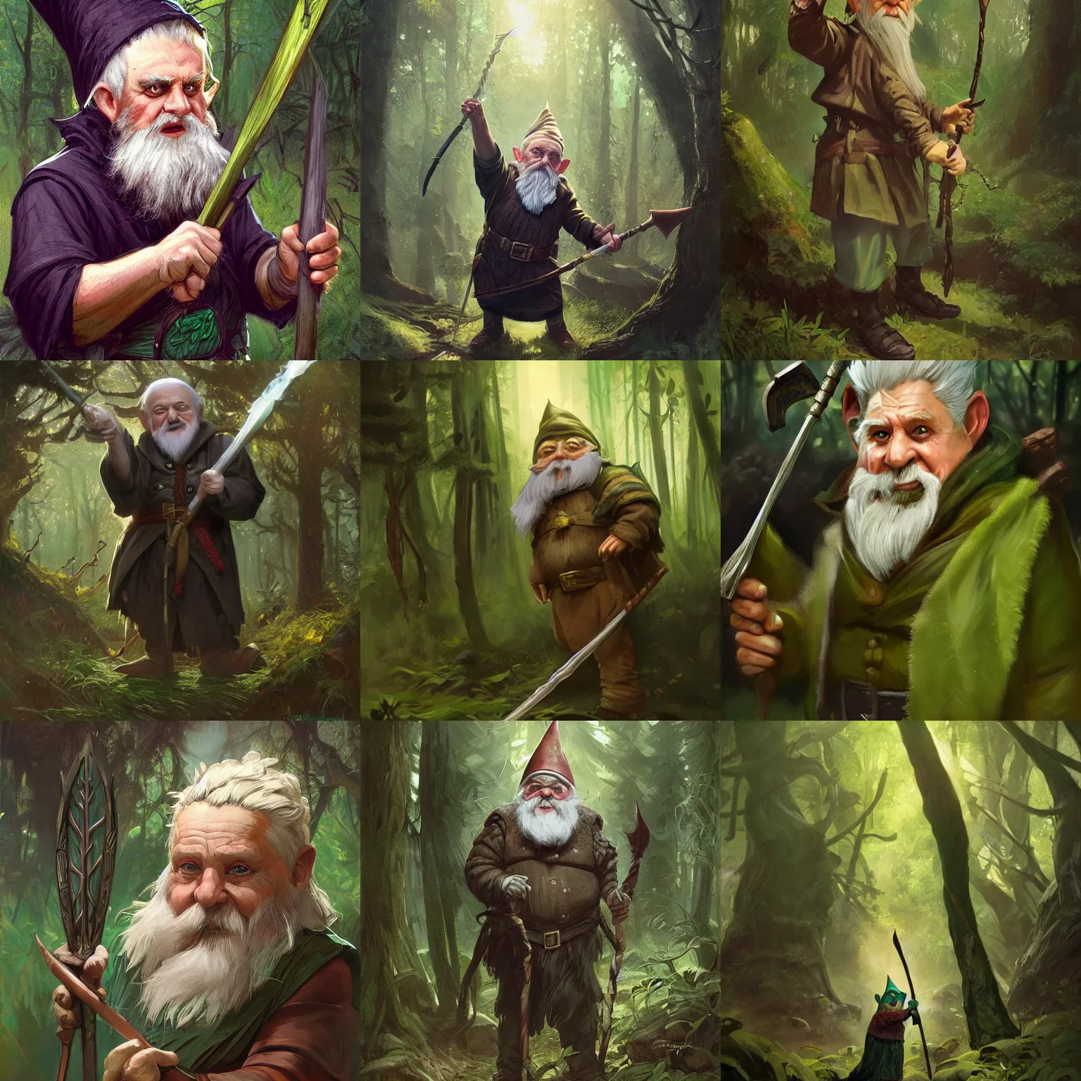 Prompt: portrait of an old gnome with black spike hair, holding a quarterstaff with an emerald, in a forest, strong, lively, fantasy, highly detailed, digital painting, artstation, concept art, character art, art by greg rutkowski and tyler jacobson and alphonse mucha