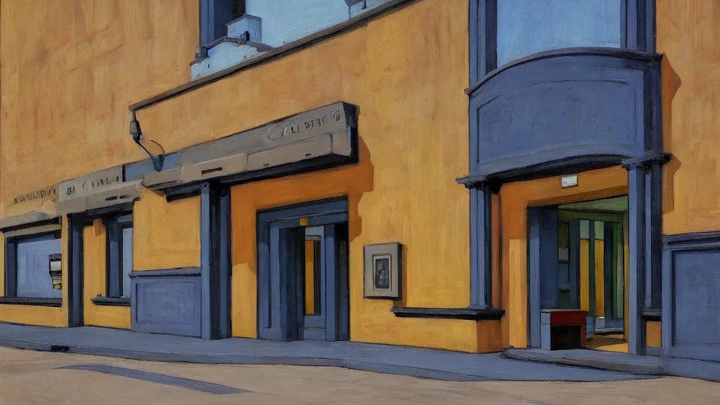 Image similar to Street art. paralyzed by the indescribable beauty of the cosmos. facade of the entrance to the museum. art style by Edward Hopper daring, incredible