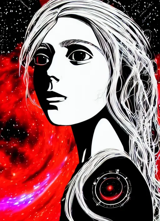 Prompt: highly detailed portrait of a hopeful pretty astronaut lady with a wavy blonde hair, by David Driskell, 4k resolution, nier:automata inspired, bravely default inspired, vibrant but dreary but upflifting red, black and white color scheme!!! ((Space nebula background))