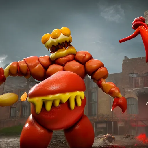 Prompt: a warrior fighting a giant hotdog demon that spits mustard. eldenring boss, zbrush, arnold render, unrealengine 5, dark souls, horror, extremely detailed