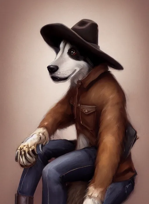 Image similar to wide angle beautiful full body portrait of a strong male anthropomorphic anthro border collie fursona in cowboy hat sitting on a curb, character design by charlie bowater, henry asencio, and ross tran, disney, detailed, sharp focus, matte, aesthetic, trending on artstation, furaffinity, deviantart