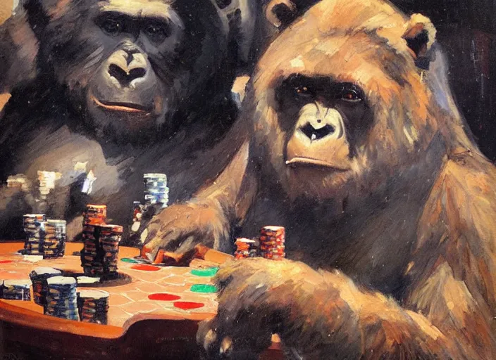 Image similar to gorrila with a bear, playing poker highly detailed beautiful, by gregory manchess, james gurney, james jean