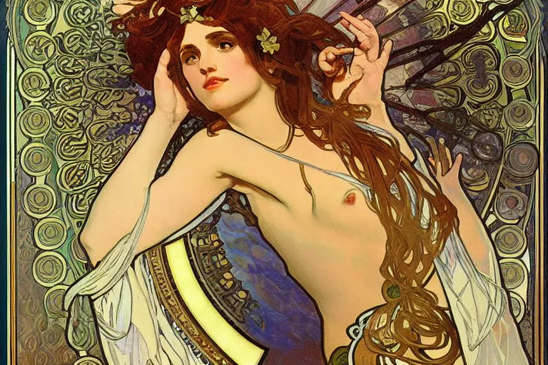 Image similar to monica lewinski as the greek goddess of second chances, painting by alphonse mucha