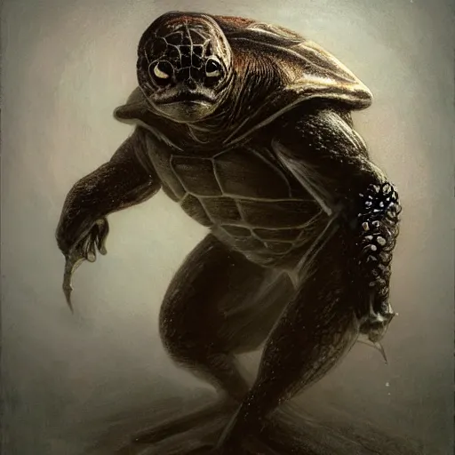 Image similar to anthropomorphic turtle humanoid, carapace, frank frazetta, blizzard, winter, night, furs, fantasy