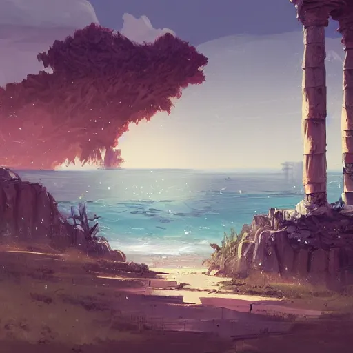 Image similar to digital 2 d, traditional paint, mixed media, concept art, illustration, environmental concept art & design, ruins, coast, ocean, sea, beach, remains, greek, pillars, vagrants, forest of liars, twilight, clouds, sky, coastline, sylvain sarrailh, concept art for forest of liars