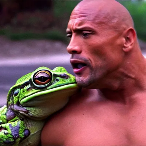 Image similar to dwayne johnson wrestling a big strong frog, pepe the frog, toad, film still by martin scorsese and quentin tarantino, award winning, 8 k