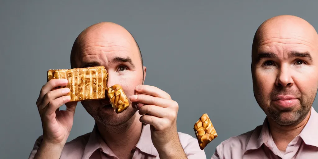 Prompt: 4 k hd, high detail photograph of karl pilkington eating a twix chocolate bar, shot with sigma f 1. 8 sharp lens, wide shot