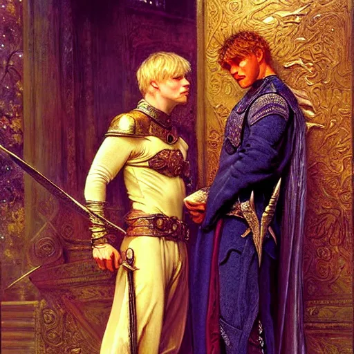 Prompt: stunning arthur pendragon in love with stunning male merlin the mage. they are close to each other. highly detailed painting by gaston bussiere, craig mullins, j. c. leyendecker