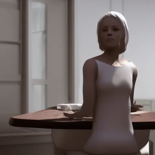 Prompt: a woman in a white dress sitting in a chair, concept art by john carpenter, reddit, hypermodernism, playstation 5 screenshot, unreal engine 5, criterion collection