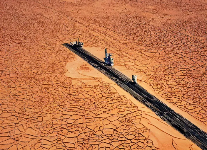 Prompt: A massive oil derrick in the middle of the sahara desert, dried lake, arid, aerial view