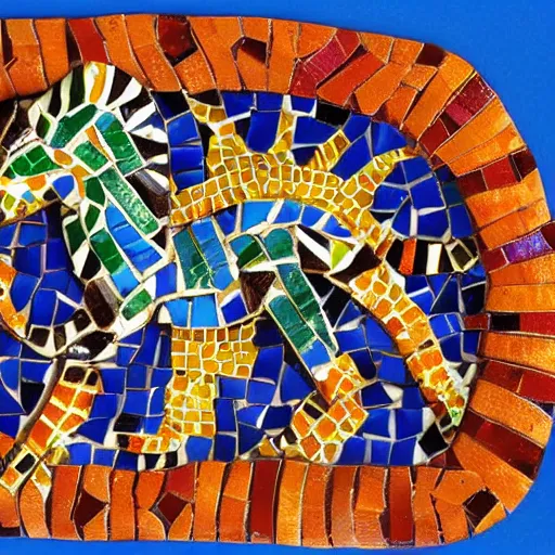 Image similar to mosaic sculpture of a alebrije chimera!!!, irregularly shaped mosaic tiles, hand glazed pottery shards, in the style of folk art, blank background