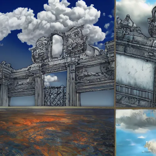 Prompt: Establishing shot of the Gate of Three Skies, digital art, Establishing shot of the Gate of Three Skies, trending on ArtStation, Establishing shot of the Gate of Three Skies, by Bragdon and Bernini, photorealism, style of aetherpunk, Establishing shot of the Gate of Three Skies, Dutch angle, made of cheese and wire