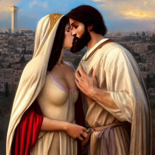 Image similar to jesus kissing a sensual woman in jerusalem, elegant, highly detailed, digital painting, artstation, concept art, matte, sharp focus, highly detailed, 4 k, hdr, smooth, sharp focus, high resolution, award - winning photo, photorealistic, art by artgerm and greg rutkowski and alphonse mucha, large shot