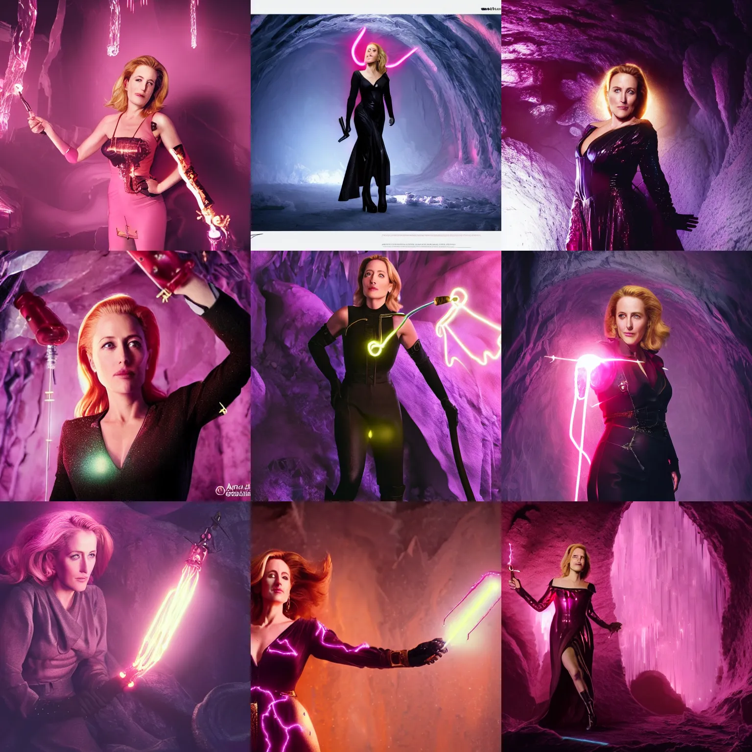 Prompt: Gillian Anderson wearing a dark pink witches outfit holding a glowing golden magical wand with electrical bolts emitting from it. In a cave made of ice. Trending on Artstation, octane render, ultra detailed, art by Ross tran