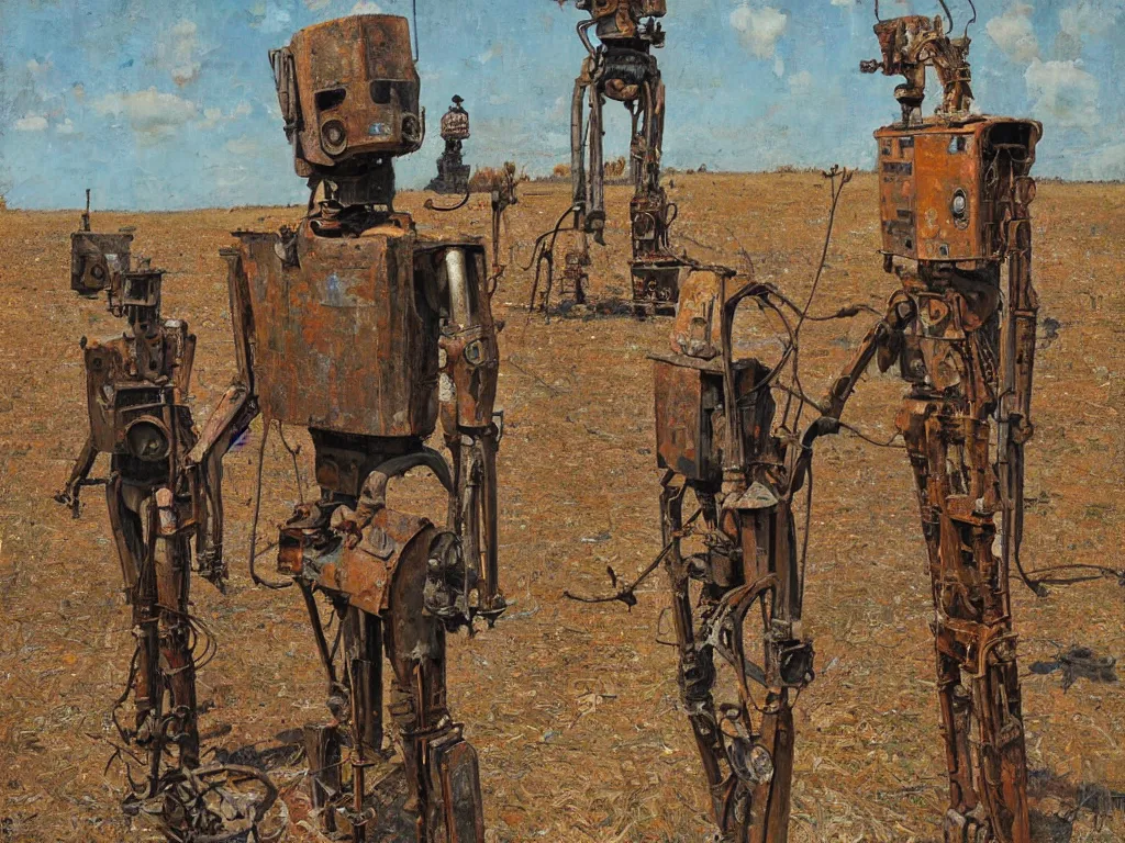 Image similar to rusty old robot standing, heatwave, Denis sarazhin, oil on canvas