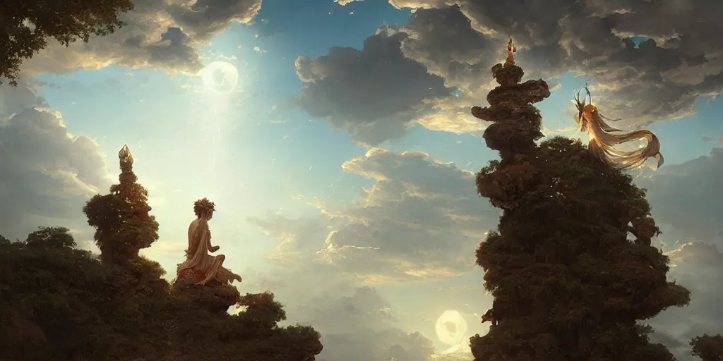 Image similar to wind deity enjoying the view from his stone heavenly palace, decorated with windchimes and paper lanterns, stunning nature and clouds in background, digital art, detailed, by greg rutkowski