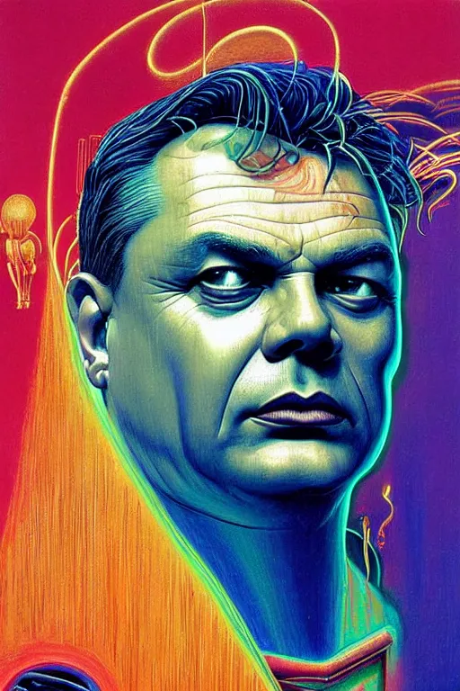 Image similar to 8 0 s art deco close up portait of viktor orban, rain like a dream oil painting curvalinear clothing cinematic dramatic cyberpunk textural fluid lines otherworldly vaporwave interesting details fantasy lut epic composition by basquiat zdzisław beksinski james jean artgerm rutkowski moebius francis bacon gustav klimt