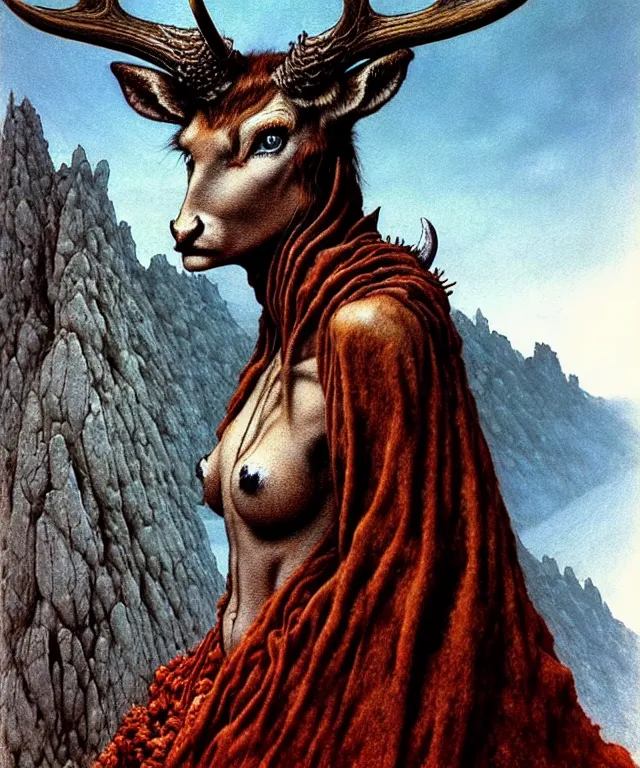 Prompt: A detailed horned deerwoman stands among the mountains with a ring in hand. Wearing a ripped mantle, robe. Extremely high details, realistic, fantasy art, solo, masterpiece, art by Zdzisław Beksiński, Arthur Rackham, Dariusz Zawadzki