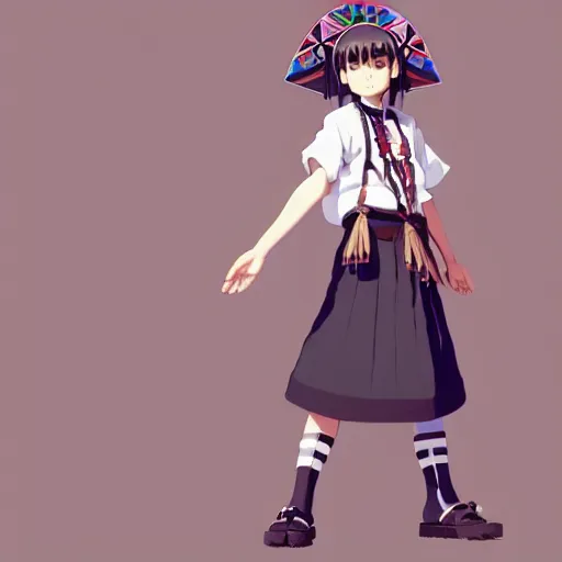 Image similar to a beautiful! boyish! natalie portman model, wearing catholic school girl outfit with mayan pattern and native style, aztec street fashion, guilty gear art direction, gapmoe yandere grimdark, trending on pixiv fanbox, painted by greg rutkowski makoto shinkai takashi takeuchi studio ghibli, akihiko yoshida