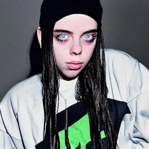 Prompt: billie eilish as an american rapper in 1990 4k