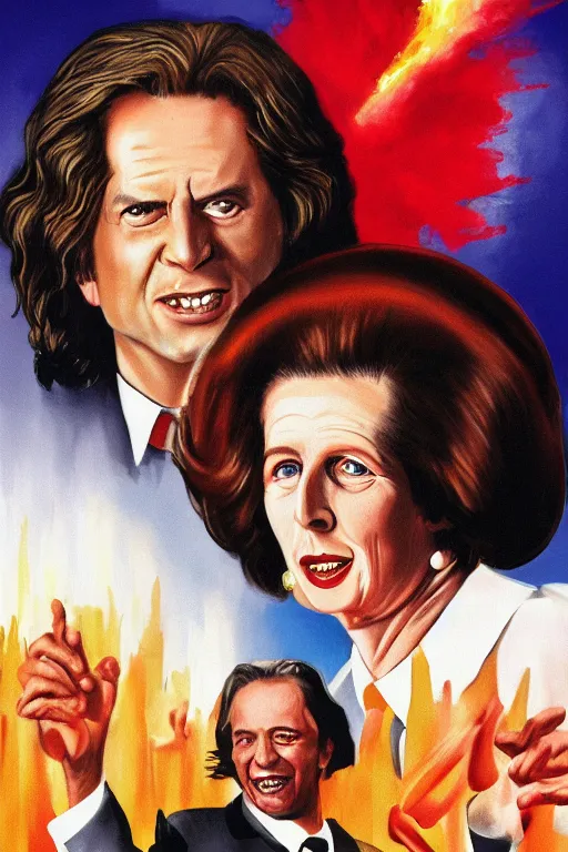 Prompt: margaret thatcher and tommy wiseau, ghanaian movie poster, highly detailed, olive garden, explosions, pasta, high octane render, hd, realism