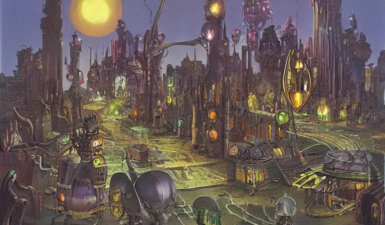 Image similar to fantasycore. magic the gathering art. street view of 1950s machinarium cityscape at night by Phillipe Drulliet and Roger Dean and Moebius. cute gigantic 1950s robots. cel-shaded. glossy painting.