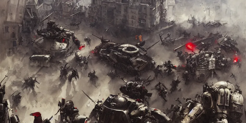 Prompt: french army and civilians are getting slaughtered by one samurai robot in the interbellum paris, very detailed painting, concept art, intense heavy street battle, bullet hell, pile of bodies, artillery bombings, blood on the streets, art by greg rutkowski and jakub rozalski