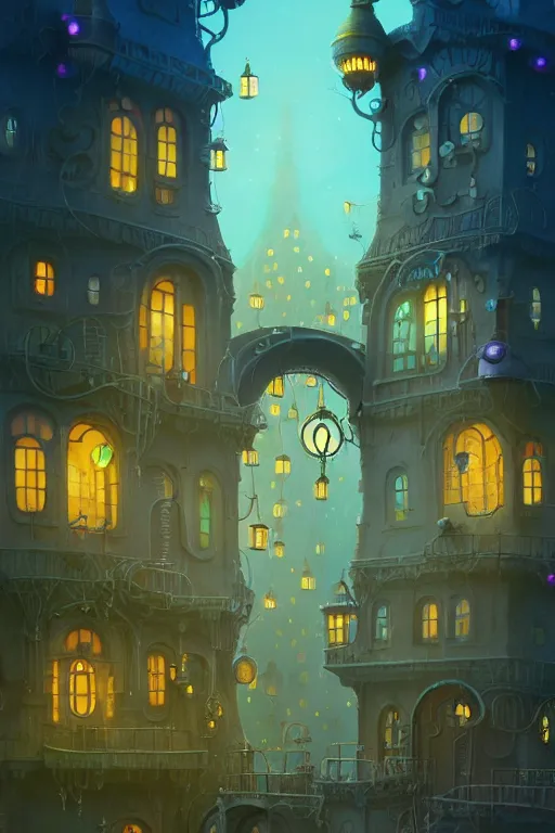 Image similar to a surreal Bioluminescent, very very very cute Sentient City Gates in a happy world by Daniel Merriam, Trending on Artstation, oil on Canvas by Elena Zhurikhina and Goro Fujita and Charlie Bowater, octane render, 4k, 8k, HD