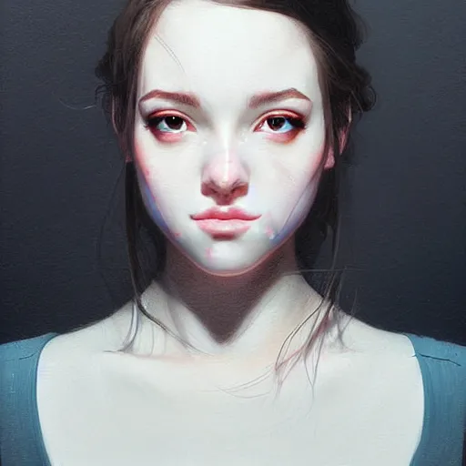 Image similar to Facial portrait of a pretty cute nerdy girl, looking at the camera, slight awkward smile, lips slightly parted, no hands visible, extremely detailed painting by Greg Rutkowski and by Henry Justice Ford and by Harumi Hironaka