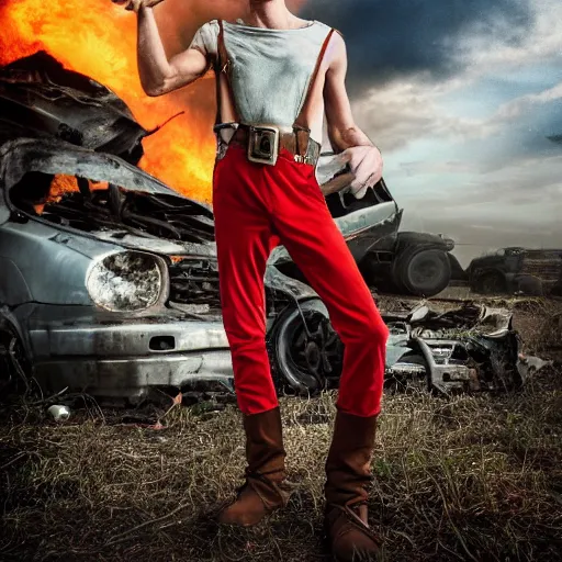 Prompt: a skinny high-fantasy elf with a long face narrow chin and spiky blonde hair wearing dark brown overalls and holding a bomb next to a destroyed car, gel spiked hair, high resolution film still, HDR color
