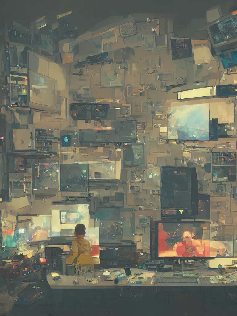 Prompt: a boy sitting in an hacker room with many screens in a painting from stalenhag, 4 k, 8 k, hdr, artstation, concept art