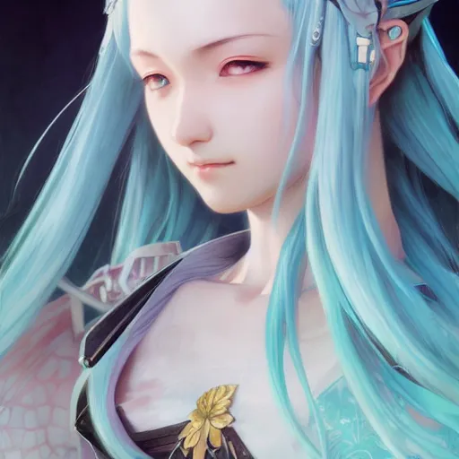 Image similar to Hatsune Miku, closeup, D&D, fantasy, intricate, elegant, highly detailed, digital painting, artstation, concept art, matte, sharp focus, undistorted, illustration, art by Artgerm and Greg Rutkowski and Alphonse Mucha