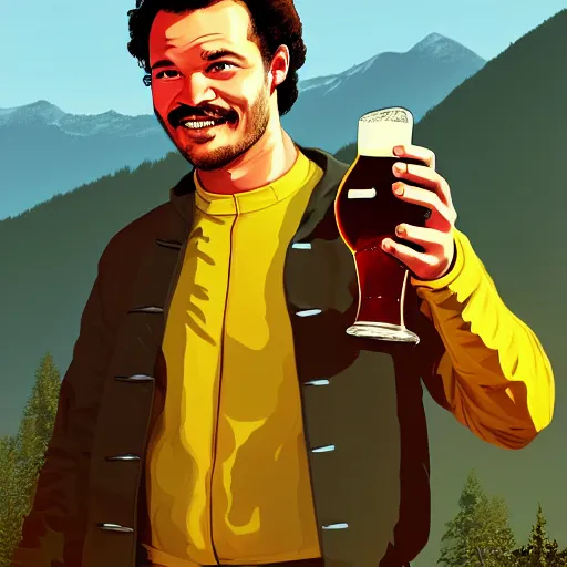 Image similar to Lando Norris at the top of a mountain, scenic view, holding a beer!!, digital art, gta 5 cover art, trending on artstation